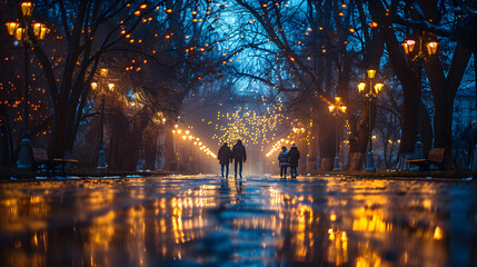 Twilight Stroll in a Winter Park.Reflective Wet Pathway Lined by Trees and Lampposts, Tranquil Blue Lights Illuminate the Night