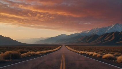 Empty paved road with mountains at sunset