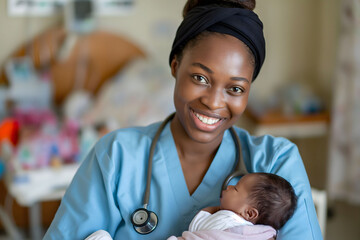 Happy nurse midwife holds newborn baby in arms at hospital. International Nurses Day concept.