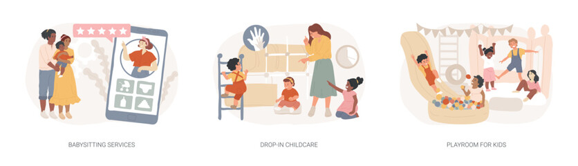 Childcare services isolated concept vector illustration set.