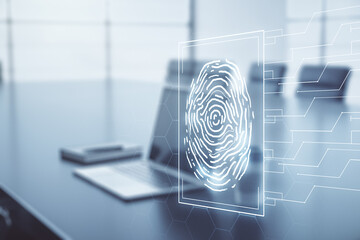 Multi exposure of creative fingerprint hologram on laptop background, personal biometric data...
