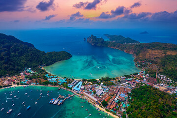Aerial view sunset Phi Phi island in Andaman Sea from drone in Province of Krabi, travel landmark of Thailand