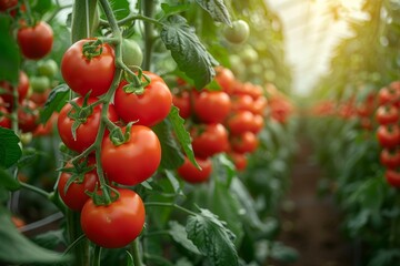 Bumper crop: ripe tomatoes hang abundantly in the greenhouse