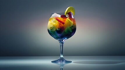 Obraz premium Vibrant and Layered Handcrafted Cocktail with Infused Fruits and Sculpted Ice Sphere in Elegant Glassware