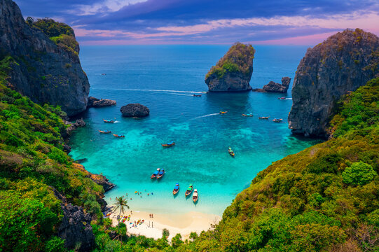 Concept Travel Thailand, aerial view paradise turquoise lagoon with white sand. Phi Phi Don island, Nui beach