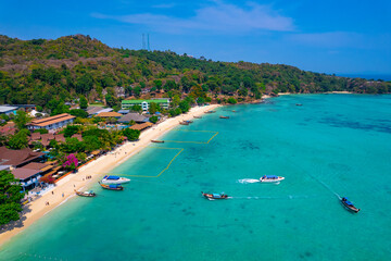 Aerial view Koh Phi Phi Don island in Andaman Sea from drone in Province of Krabi, Thailand