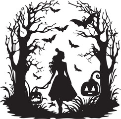 Witch in the Forest Pumpkin Halloween Silhouette Vector