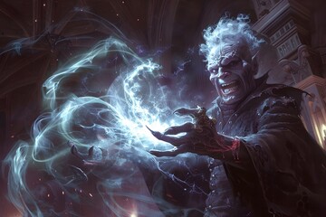 Malevolent Sorcerer Casting Sinister Spell in Dim Foreboding Chamber