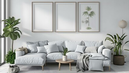 Mockup of Scandinavian-style living room with blank picture frame on white wall. Concept Scandinavian Design, Interior Mockup, Living Room Decor, Blank Picture Frame, White Wall