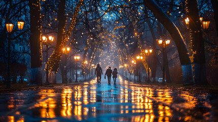Twilight Stroll in a Winter Park.Reflective Wet Pathway Lined by Trees and Lampposts, Tranquil Blue...