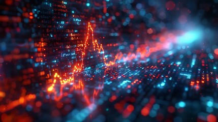 Obraz premium An abstract financial display featuring a blue heartbeat monitor line that escalates into a sharp upward spike, transforming into a digital arrow amidst a sea of stock market numbers