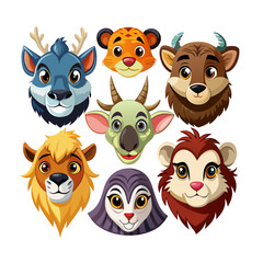 set with animals in cartoon style on a white background