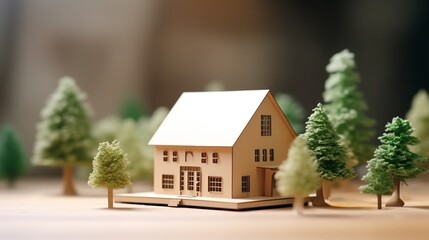 Miniature wooden house on a construction plan. Real estate, building development and property investment concept.