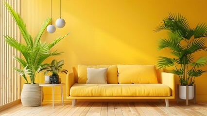 Chic interior decor with plants accessories and minimalist yellow wall design . Concept Interior Design, Chic Decor, Plants, Yellow Wall, Minimalist Design