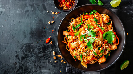 chicken pad thai noodles. asian 