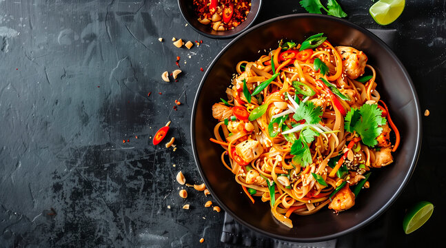 chicken pad thai noodles. asian 