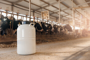 Concept artificial insemination of cows, tank liquid nitrogen with bull sperm. Veterinary of...