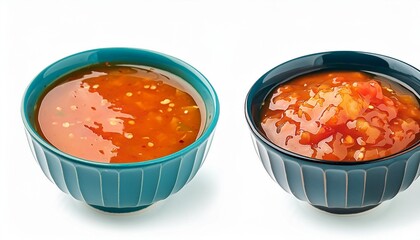 bowl with sweet chili sauce made with red chili peppers garlic and vinegar isolated on a white background side and top view food bundle - Powered by Adobe