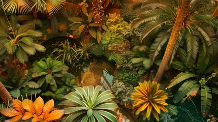 Obraz premium Aerial View of Lush Indoor Garden with Exotic Monstera and Agave Plants