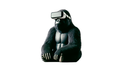 gorilla seated and wearing a VR headset, merging wildlife with virtual reality technology in a stark white setting, suitable for tech and nature themes, PNG, transparent background.