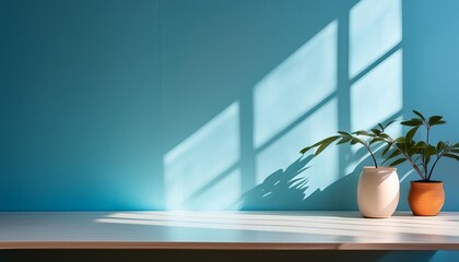minimalistic simple background for product presentation shadow and light from windows on a light blue wall