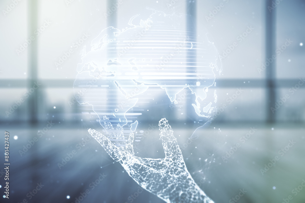 Poster multi exposure of abstract creative digital world map hologram on empty modern office background, re