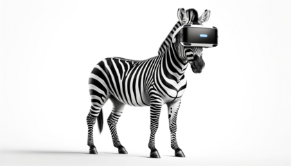 Zebra wearing a VR headset on a white background, illustrating the blend of wildlife and virtual reality technology, ideal for educational content, PNG, transparent background.