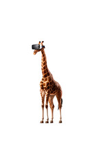Tall giraffe wearing a VR headset, exploring virtual realities, perfect for educational and tech advancements, PNG, transparent background