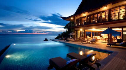 Fototapeta premium A luxurious tropical resort nestled in a lush green landscape, with multiple villas and pools. An aerial shot embodying travel and vacation. Suitable for design for print, poster, and banner
