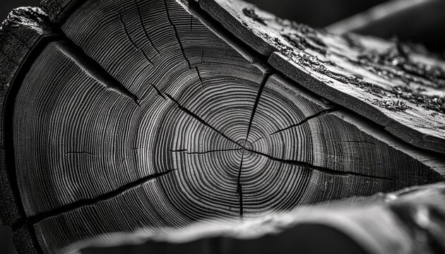 old wooden tree cut surface detailed black and white texture of a felled tree trunk or stump rough organic tree rings with close up of end grain