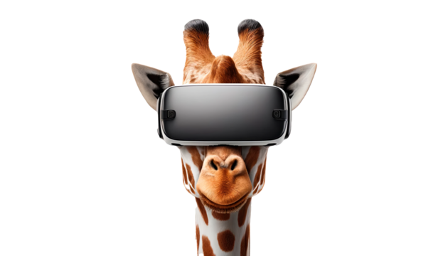 Giraffe with VR headset, exploring virtual worlds, ideal for educational and tech-related content, PNG, transparent background