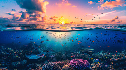 Clear blue underwater with colorful reef below, sunset sky with birds above, warm tones, horizon line view - obrazy, fototapety, plakaty
