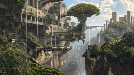 A hyper-realistic painting of a surreal landscape merging elements of nature with urban architecture.