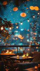 Fairytale garden at night with bokeh lights and warm candle lights