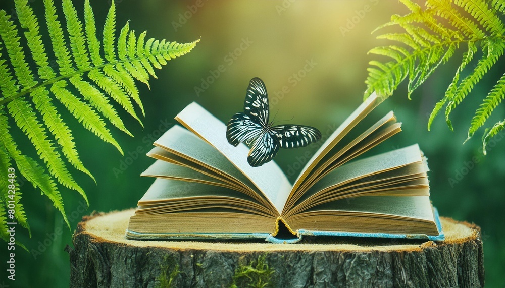 Wall mural butterfly fern leaves and old open book on stump in forest dark natural blurred background mystery a