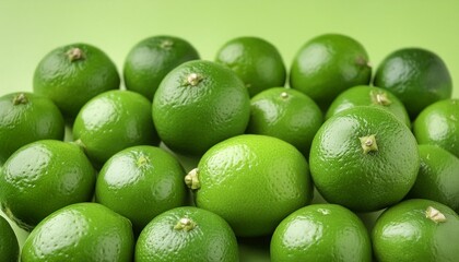 background with green fresh lemons on a lime color background