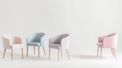 Trendy pastel chairs showcase minimalist design in tranquil pastel tones against a bright white backdrop.