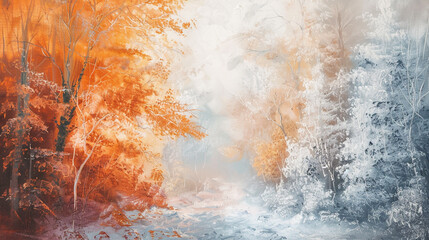 Experience a gradient backdrop moving from autumnal oranges to frosty whites, capturing the essence...