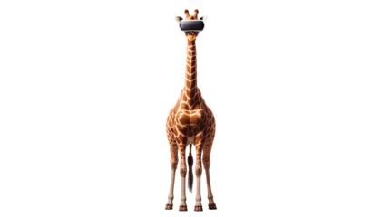 Giraffe with VR headset, illustrating the fusion of wildlife and technology, suitable for tech and conservation education, PNG, transparent background