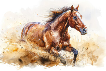  Beautiful brown horse, full body, walking in the field. Created with Ai