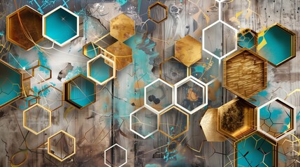 Turquoise and golden elements pop against a floral oak background framed by white lattice tiles.