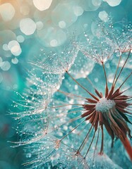 Dandelion Seeds in droplets of water on blue and turquoise beautiful background