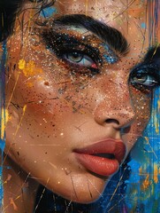 A woman with gold and blue eyes and red lips