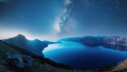 the landscape resembled a planet with a vast sky full of shining stars the atmosphere was a mix of electric blue and darkness reflecting off the aqua waters below