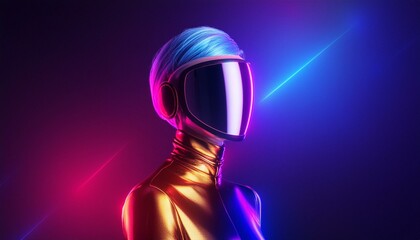 Futuristic gold suit model wearing a full face immersive Virtual Reality VR mask colorfully lit by neon lights