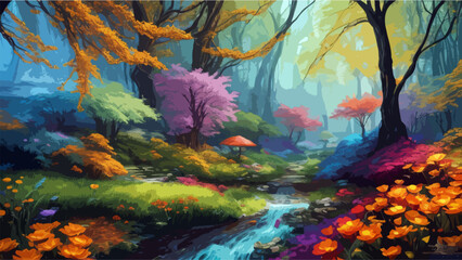High Detailed Full Color Vector - A Vibrant, Whimsical Fantasy Illustration Depicting Vibrant Jewel-Toned Colorful Enchanted Fantasy Forest with a River and Lavish Flowers