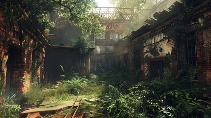 Post apocalyptic city with overgrown multistorey buildings.