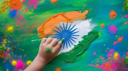  A child's hand painting the Indian flag with colorful powder during a festive celebration
