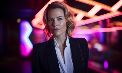 Professional woman in a black blazer poses with a subtle smile, illuminated by vibrant neon lights in a modern urban setting, depicting confidence and contemporary business style