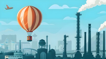 Hot Air Balloon Soaring Above Thriving Industrial and Business District